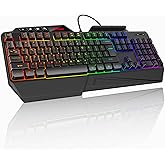TECKNET Wired RGB Gaming Keyboard - 26-Key Anti-Ghosting, 13 Lighting Modes, Spill-Resistant, 108 Membrane Keys, Plug &amp; Play - with Ergonomic Wrist Rest &amp; Phone Holder for Windows/Mac (Black)
