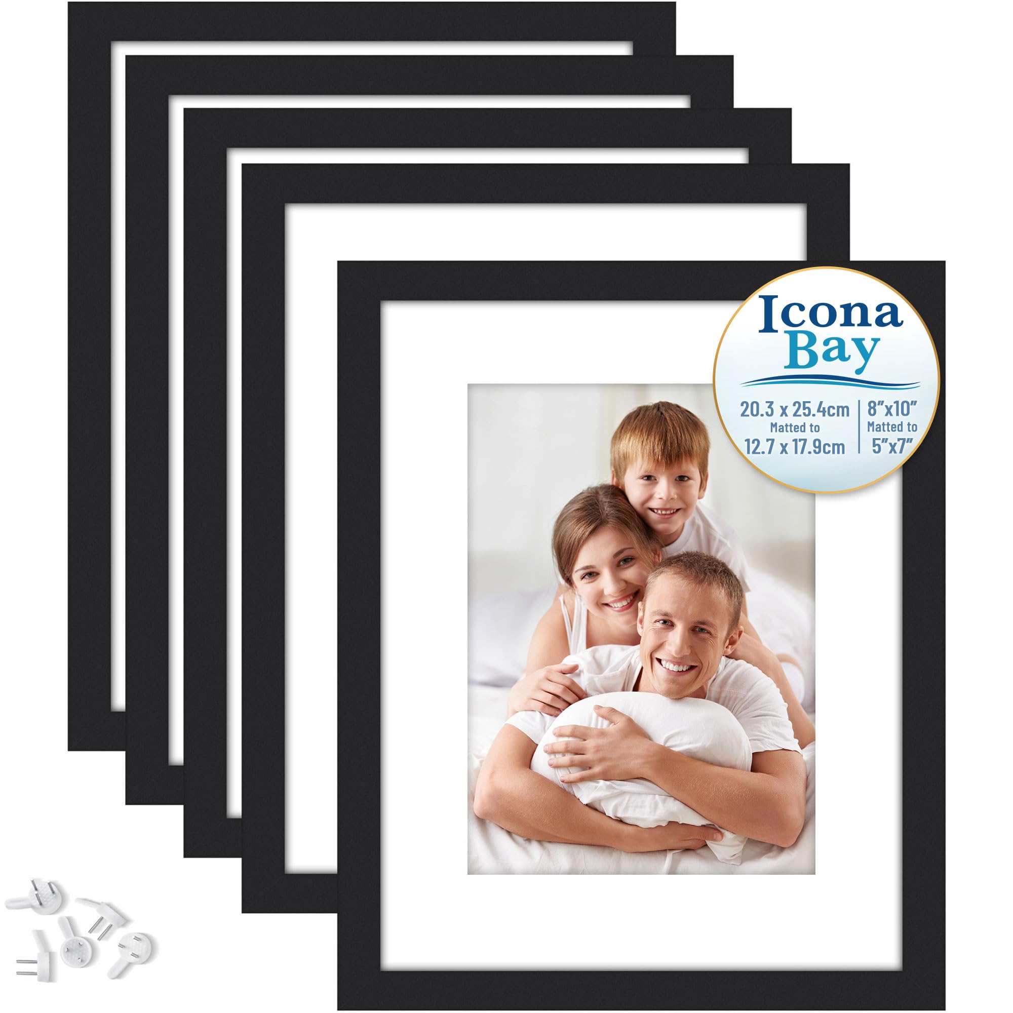 Icona Bay - 10x8 Picture Frames with Removable Mat for 7x5 Photos - Black, 5 Pack - Modern Style Wood Composite Frames - Table Top or Wall Mount - Bliss Collection