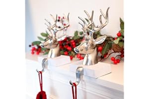 DOYOLLA Christmas Stocking Holders for Mantle 3D Reindeer Stocking Hangers Hooks Mantel Garland Clips Metal Grips for Xmas Fireplace Decorations (Set of 2, Silver)