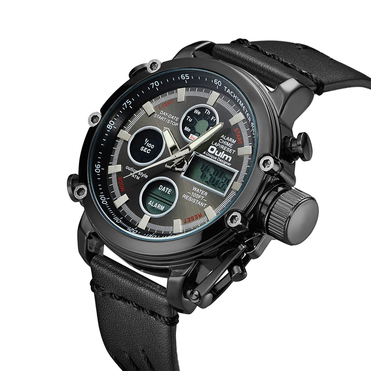 Oulm Quartz Sport Watches Men Luxury Analog Digital Dual Display Watch Male Clock Genuine Leather Led Waterproof Wristwatch Man