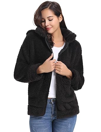 Abollria Damen Kapuzenjacke Teddy Fleece Plüschjacke mit Abnehmbarer Kapuze Casuale Zip Hoodie Cardigan mit Seitentaschen Ste