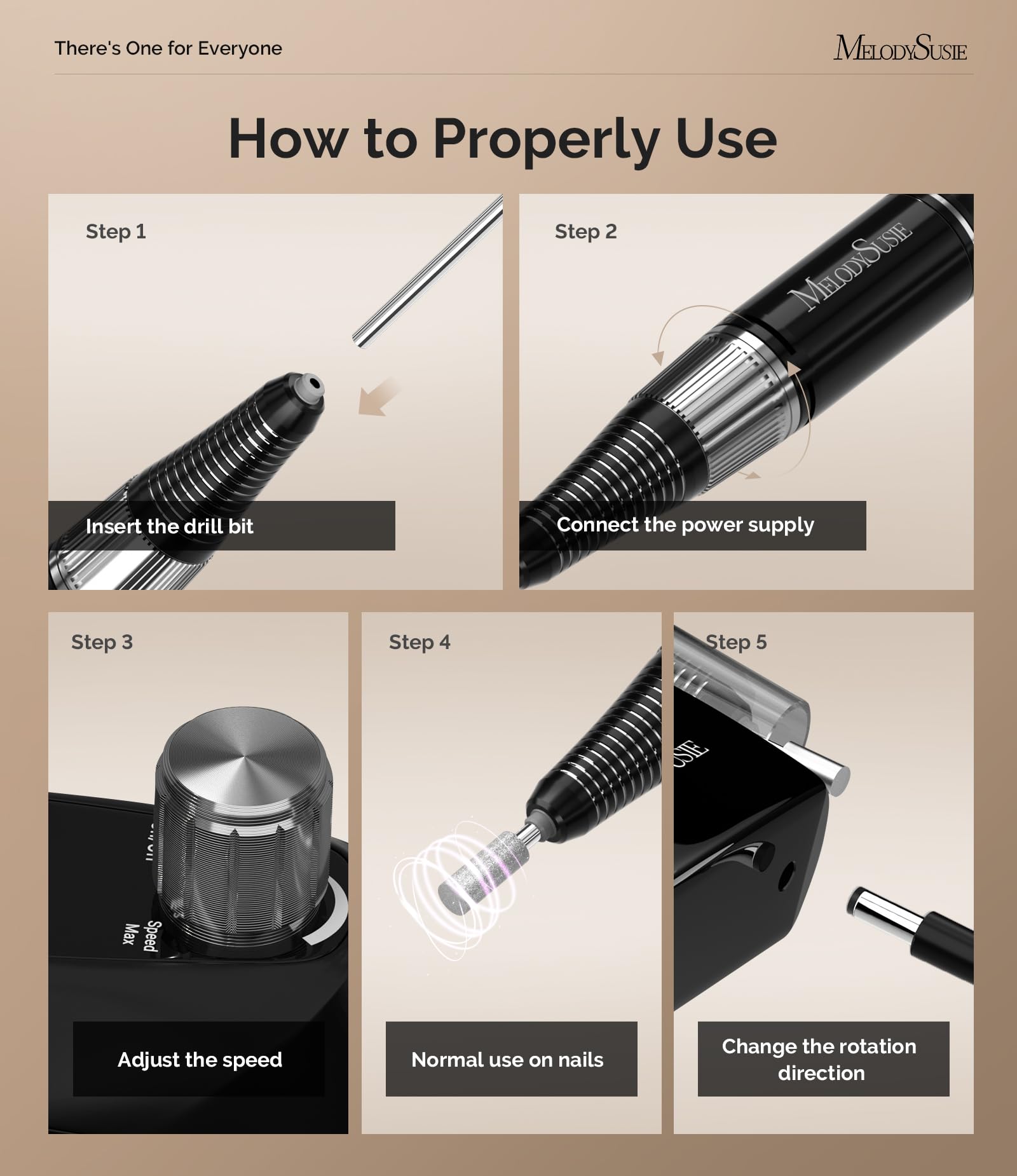 MelodySusie Professional Nail Drill 30000RPM, SC320D Rechargeable Electric Nail Drill Machine, Cordless Nail E File for Acrylic Gel Nails, 8pcs Nail Bits 106pcs Sanding Bands, Selene Black - Image 4