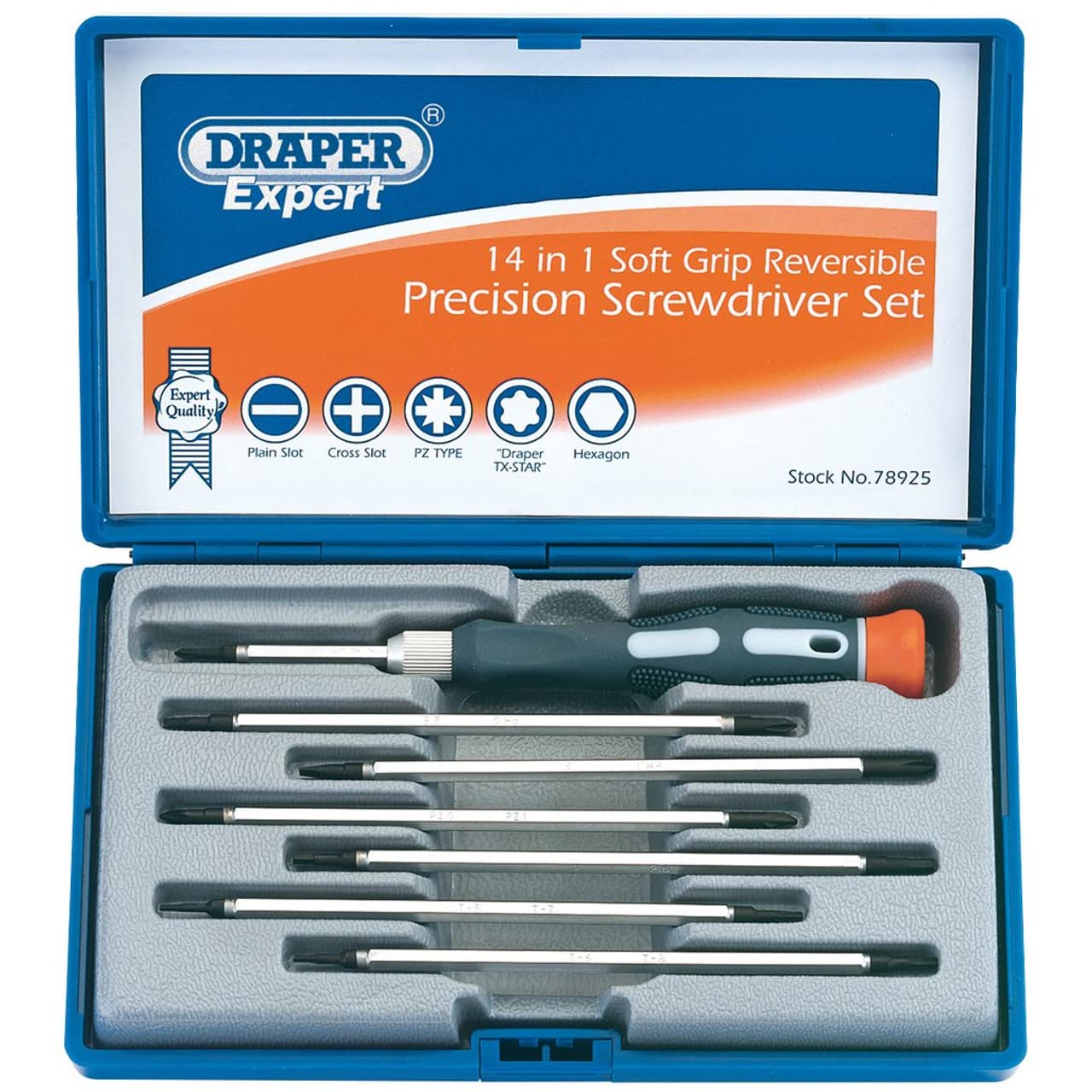Draper Expert 14 in 1 Reversible Precision Screwdriver Set - 78925 - For Home DIY Electronics & Professional Use Crosshead Cross Slot PZ TX-Star & Hex