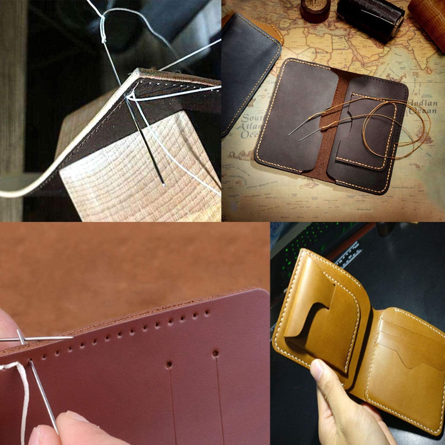 Leather Sewing Kit, 6 Color Waxed Thread with 3 Sizes Large Eye Sewing Needles, Scissor, Awl, Bone Folder for Leather Stitching Leather Sewing Tools and Supplies