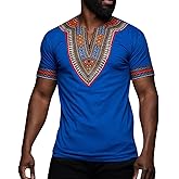 Makkrom Mens African Dashiki T Shirt Tribal Floral Print V Neck Slim Fit Shirts Tops