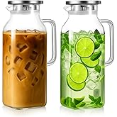 Ptwola 2 Pack 2 Liters/68 oz Glass Pitcher with Lid Spout, Square Hot Cold Drinks Carafe Large Heat Resistant Borosilicate Water Jug with Handle for Fridge Iced Tea Coffee Juice Milk Homemade Beverage