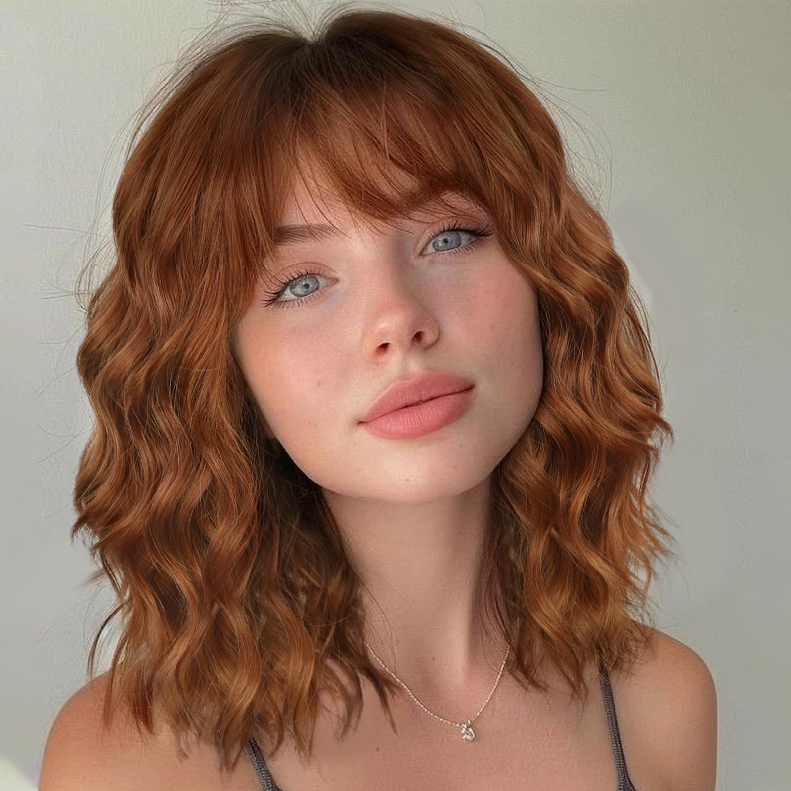 Photo 1 of Lativ Auburn Wig with Bangs Short Bob Wigs With Dark Roots for Women Shoulder Length Ginger Wavy Curly Wigs Synthetic Fiber Wigs 14 Inches for Daily Party Use