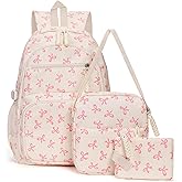 Bow Backpack for Women Kawaii Coquette Nylon Backpack 3Pcs Set Cute College Laptop Rucksack Fashion Travel Daypack (White Pink)