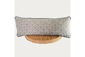 Palm & Loom 100% Cotton Linen - Long Lumbar Cushion Cover - Ziya Elegant Throw Pillow Case with Blue & Peach Print with Piping - Modern Traditional Living Room, Sofa, Bedroom Pillow Cover-14x36 Inch