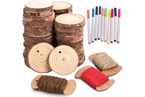 HOHOTIME Natural Wood Slices, 50 PCS 2''-2.4'' Unfinished Predrilled with Hole Wood Discs with Twine, Round Wood Circles DIY 