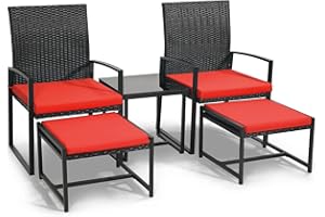 Murago 5 Pieces Wicker Patio Conversation Sets, Rattan Furniture Set with Coffee Table and 2 Ottomans, Ideal for Porch, Garden, Yard, Poolside, Black Rattan with Red Cushion