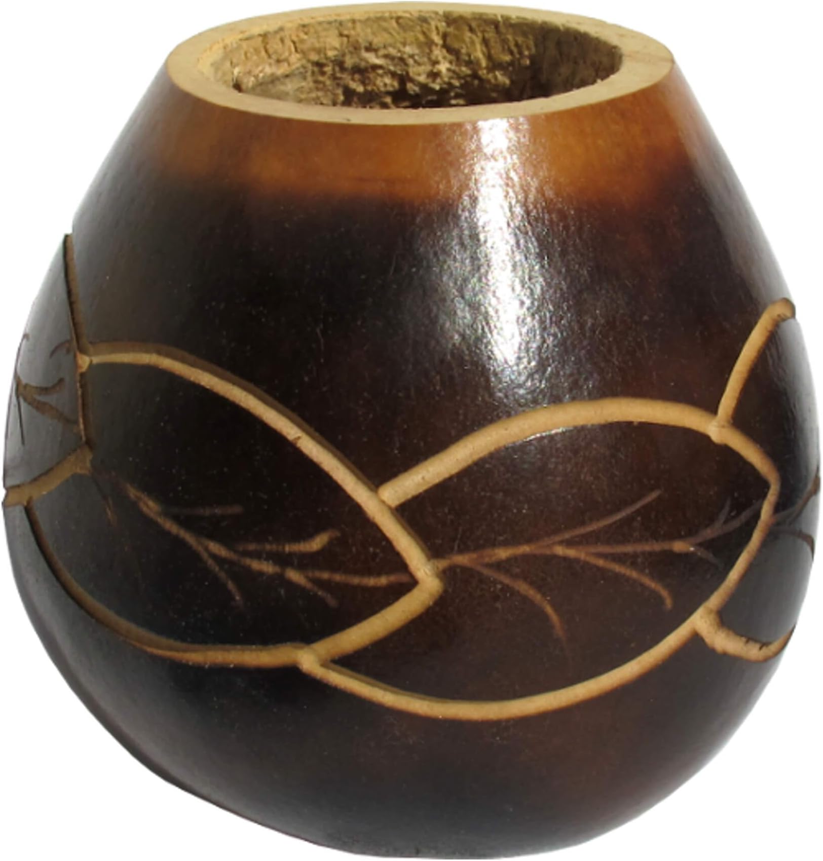 Carved Natural Gourd with Guarani Engraved Circle of Leaves