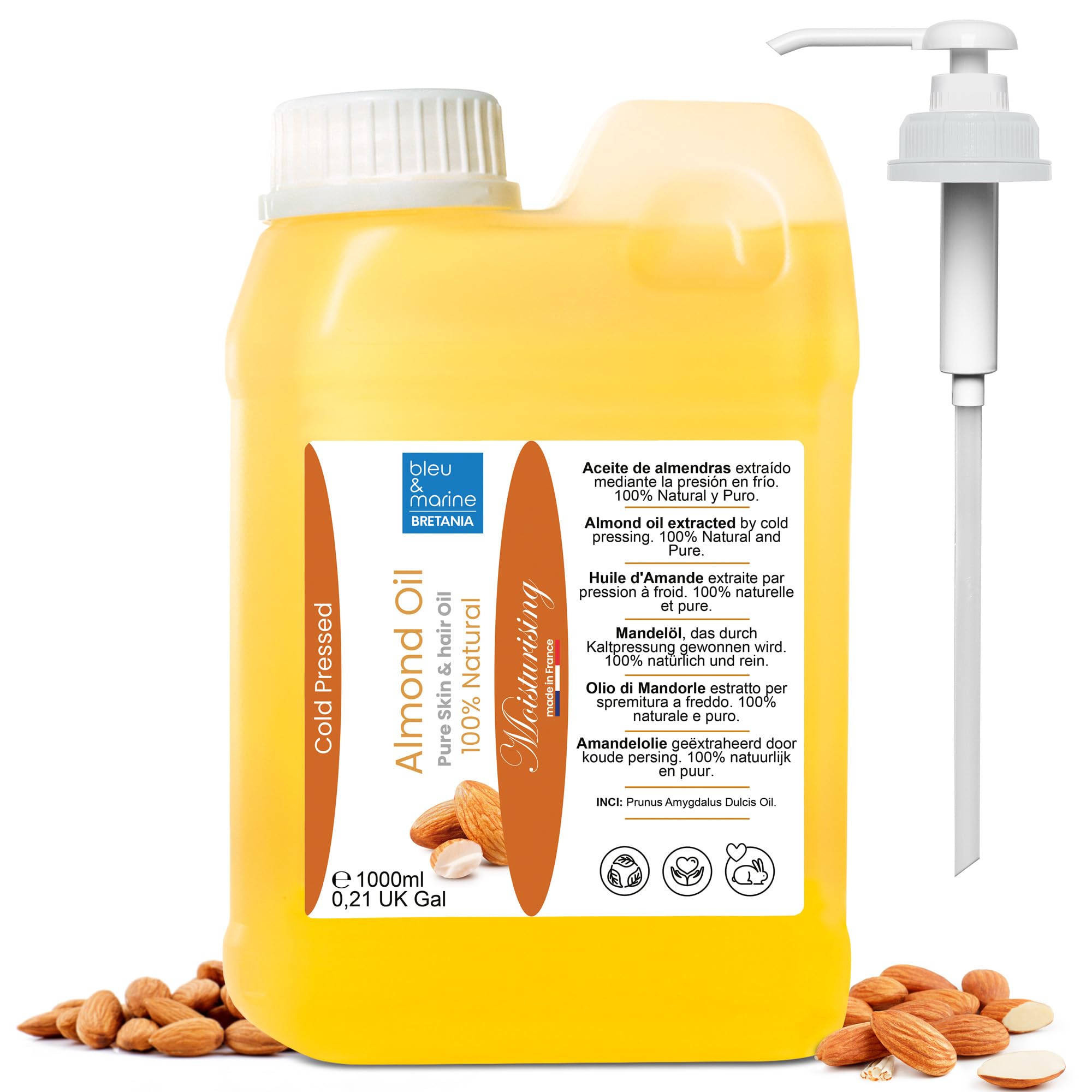 Pure Cold Pressed Sweet Almond Professional Massage Oil Body Face Oil Hair Moisturiser Baby Skin Anti Stretch Marks. Natural Firming Makeup Remover Vegan 1000 ml 35.19 fl oz