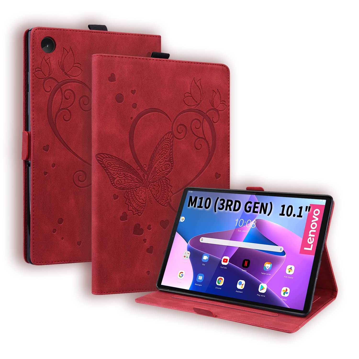 Auslbin Case for Lenovo Tab M10 3rd Gen (2022) 10.1 Inch Case Butterfly Pattern PU Leather with Stand Function Tablet Protective Case for Lenovo Tab M10 3rd Generation - Red