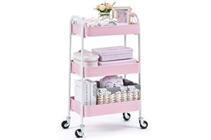 TOOLF 3 Tier Rolling Cart, Metal Utility Cart No Screw, Easy Assemble Utility Serving Cart, Sturdy Storage Trolley with Handles, Locking Wheels, for Classroom Office Home Bedroom Bathroom, Pink