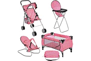 Exquisite Buggy Doll Play Set 4 in 1 Doll Set 1 Pack N Play. 2 Doll Stroller 3. Doll High Chair. 4. Infant Seat Fits Up to 18