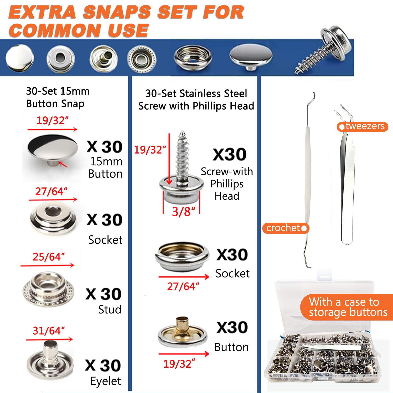 Snap Fasteners Kit, Heavy Duty Fastener Tool and 60-Set 15mm Marine Snaps Stainless Steel for Boat Covers/Tarp/Canvas/Upholstery/Leather Metal Press Studs Replacement, Installation, Repairing