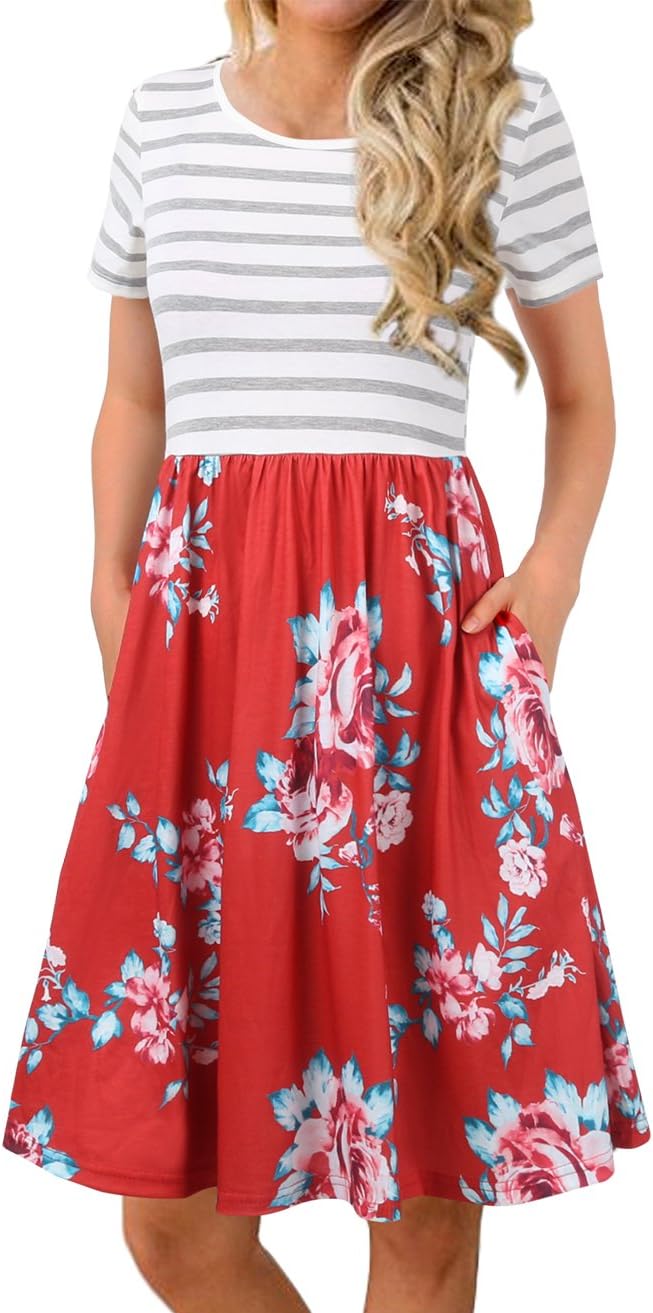 FANVOOK Women's Short Sleeve Patchwok Floral Dress Dresses with Pockets