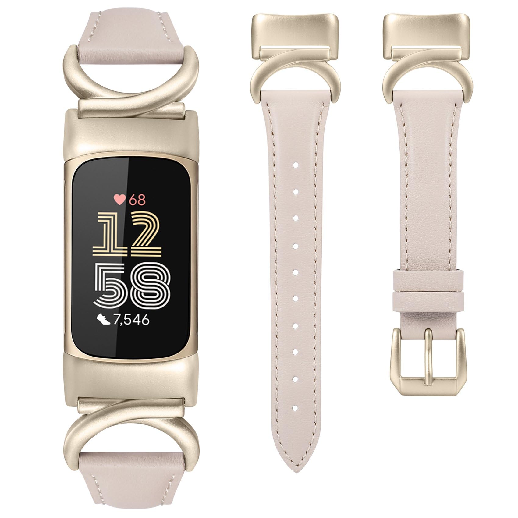 TOYOUTHS Leather Straps Compatible with Fitbit Charge 6/Charge 5 Strap Women, Slim Thin Elegant Dressy Designer Premium Leather Strap with C-Shape Metal Buckle for Charge 6/5, Starlight/Champagne Gold