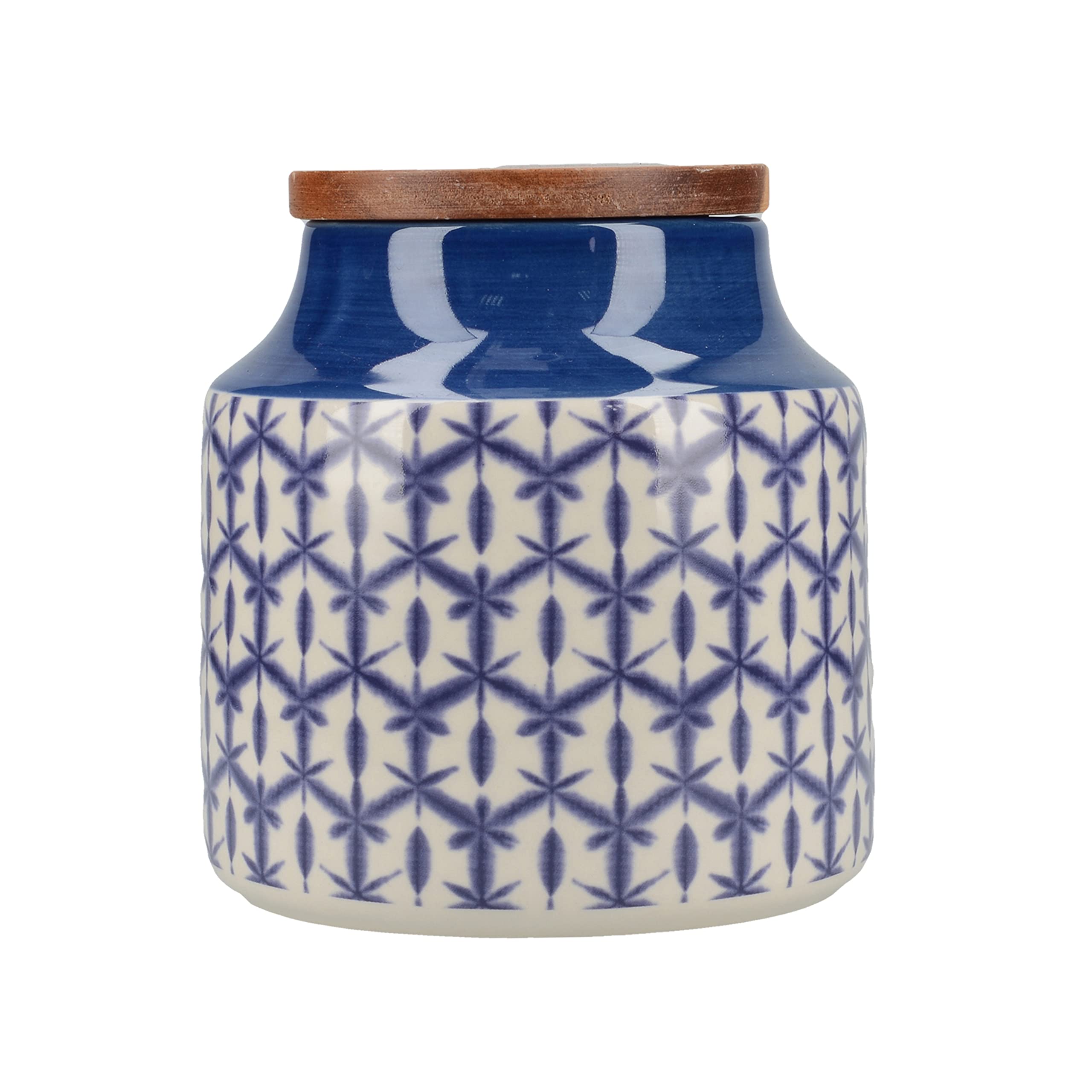 MIKASA Drift Ceramic Storage Canister for Tea, Coffee or Sugar, Hand Decorated Blue Batik Design, Wooden Lid, 12.5cmx12cm, 900ml
