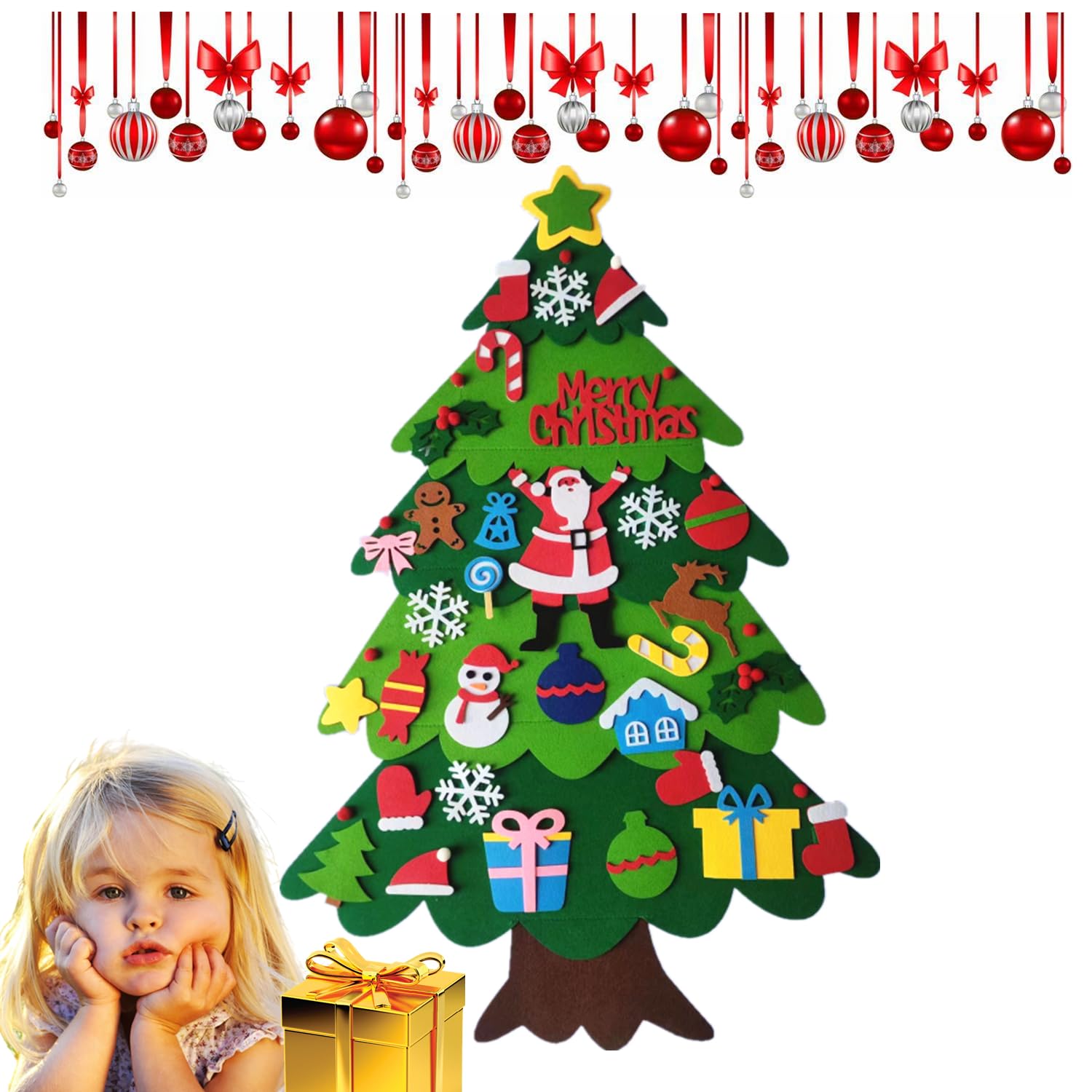DIY Felt Christmas Tree,3.28ft Felt Santa Claus Tree Set with 32Pcs Detachable Christmas Ornaments for Kids/Toddlers,Wall Hanging FeltXmas Trees Non-woven Xmastree Gifts Home Door Window Decor Kit — image 1
