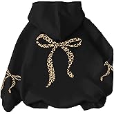 Girl's Bow Leopard Hoodies Cheetah Graphic Long Sleeve Pullover Tops Preppy Cute Sweatshirts Hoodies