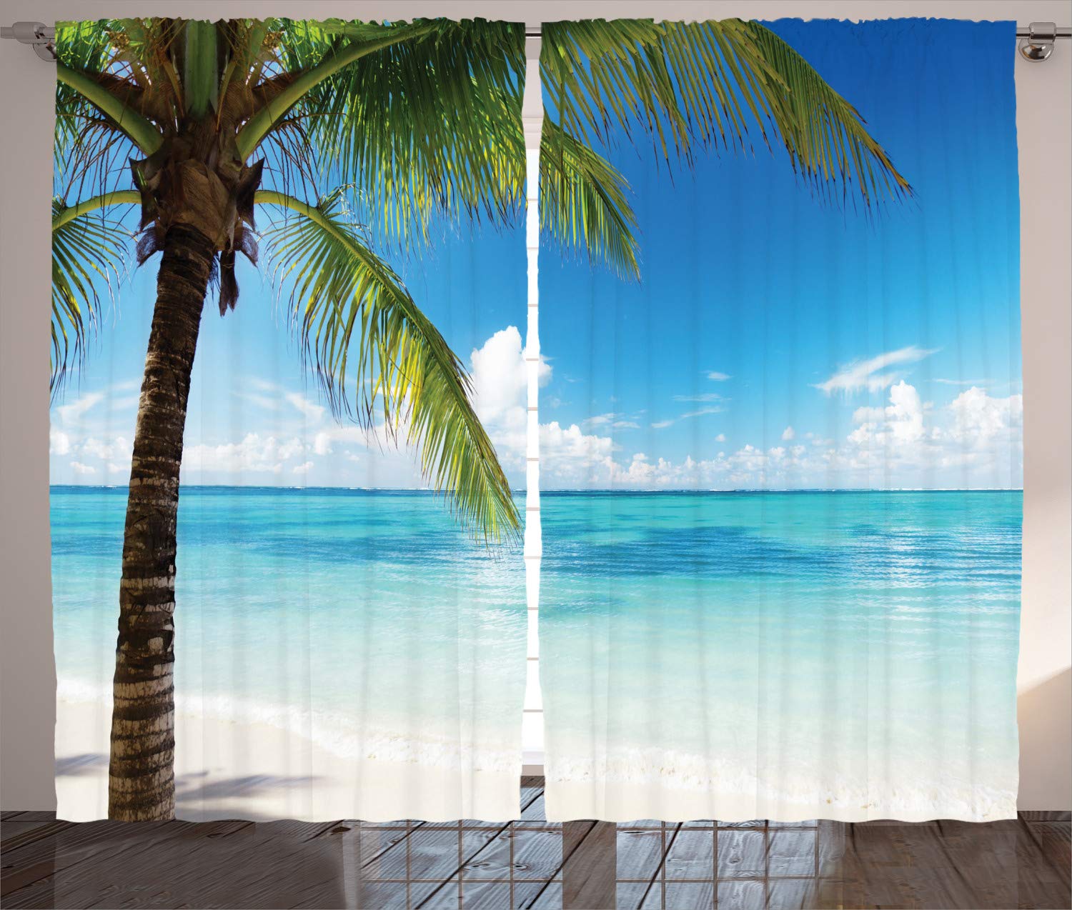 ABAKUHAUS Ocean Curtains, Exotic Beach Water and Palm Tree by the Shore Clear Sky Landscape Image, Living Room Bedroom Window Drapes 2 Panel Set, 280 x 175 cm, Green Blue White