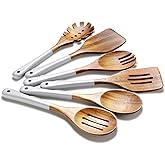 ROSOS Wooden Spoons For Cooking, 6 Pieces Natural Acacia Wooden Cooking Utensils or Non-Stick Wooden Kitchen Utensil Set for Kitchen Essentials, Wood Cooking Utensils Set with Hanging Hole, Grey