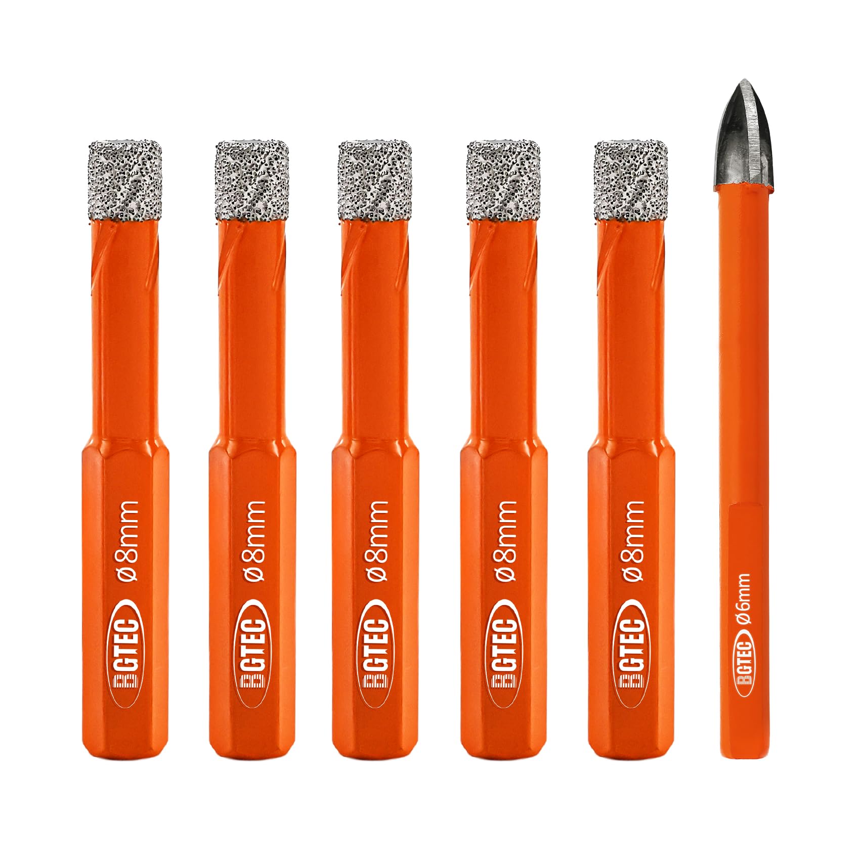BGTEC Dry Diamond Core Drill Bits Set Hole Saw,6pcs 8mm*5 Hex Shank Drill Bits+8mm Triangle Shank Carbide Drill for Granite Marble Porcelain Tile Ceramic