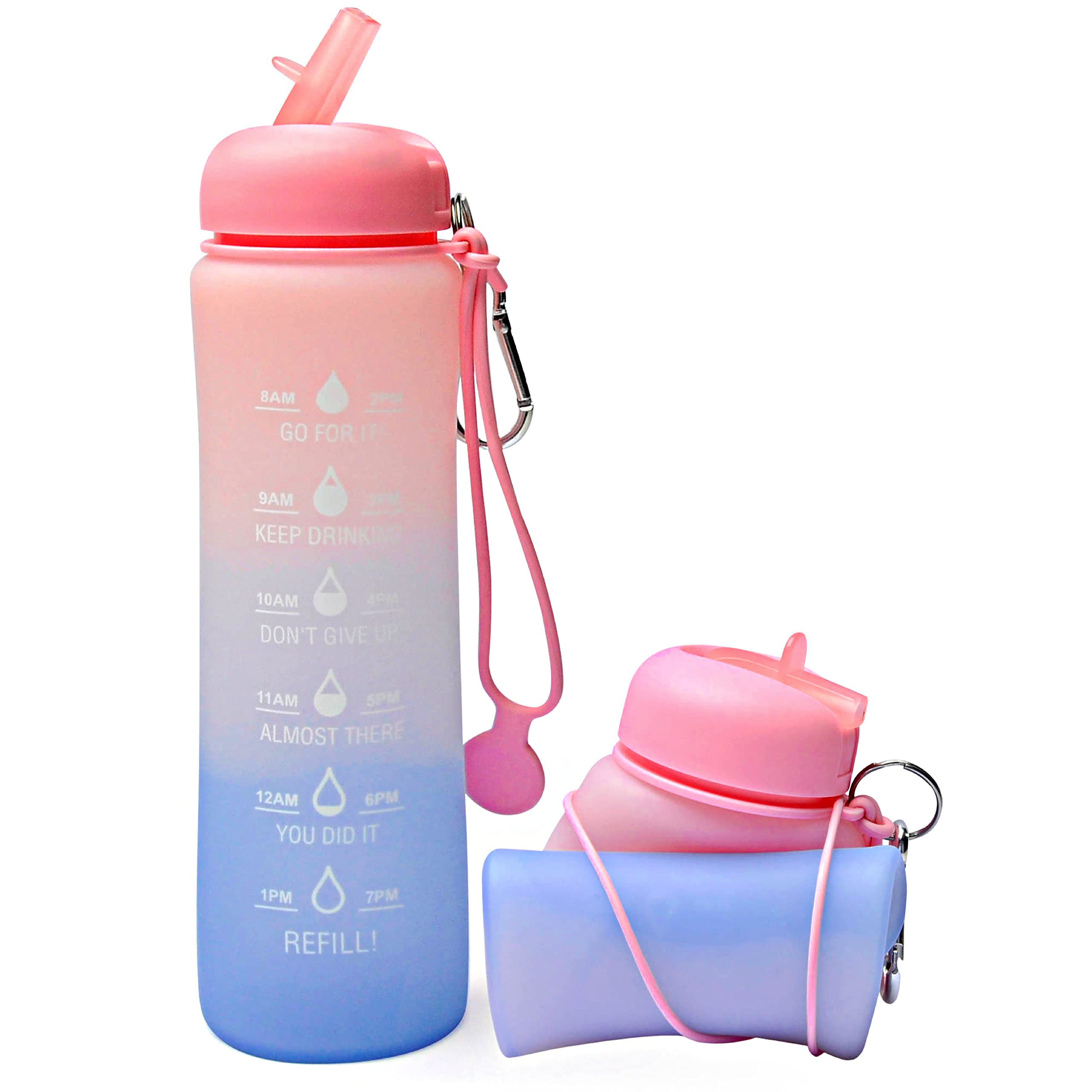 Motivational Water Bottle with Time Markings - 0.6 Litre Foldable Collapsible Gym and Sports Silicone Water Bottle - Running Drinks Bottle For Women, Men, Girls, Boys, Cycling, Hiking, Travel