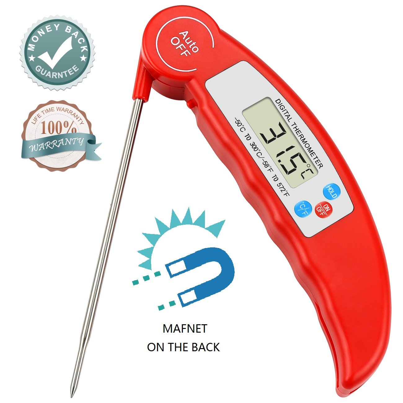 Meat Thermometer,BBQ Thermometer Digital Meat Thermometer Cooking Thermometer Instant Read Thermometer Food Thermometer Kitchen Thermometer for BBQ Grill Smorker Food Meat Milk Tea etc (Red)