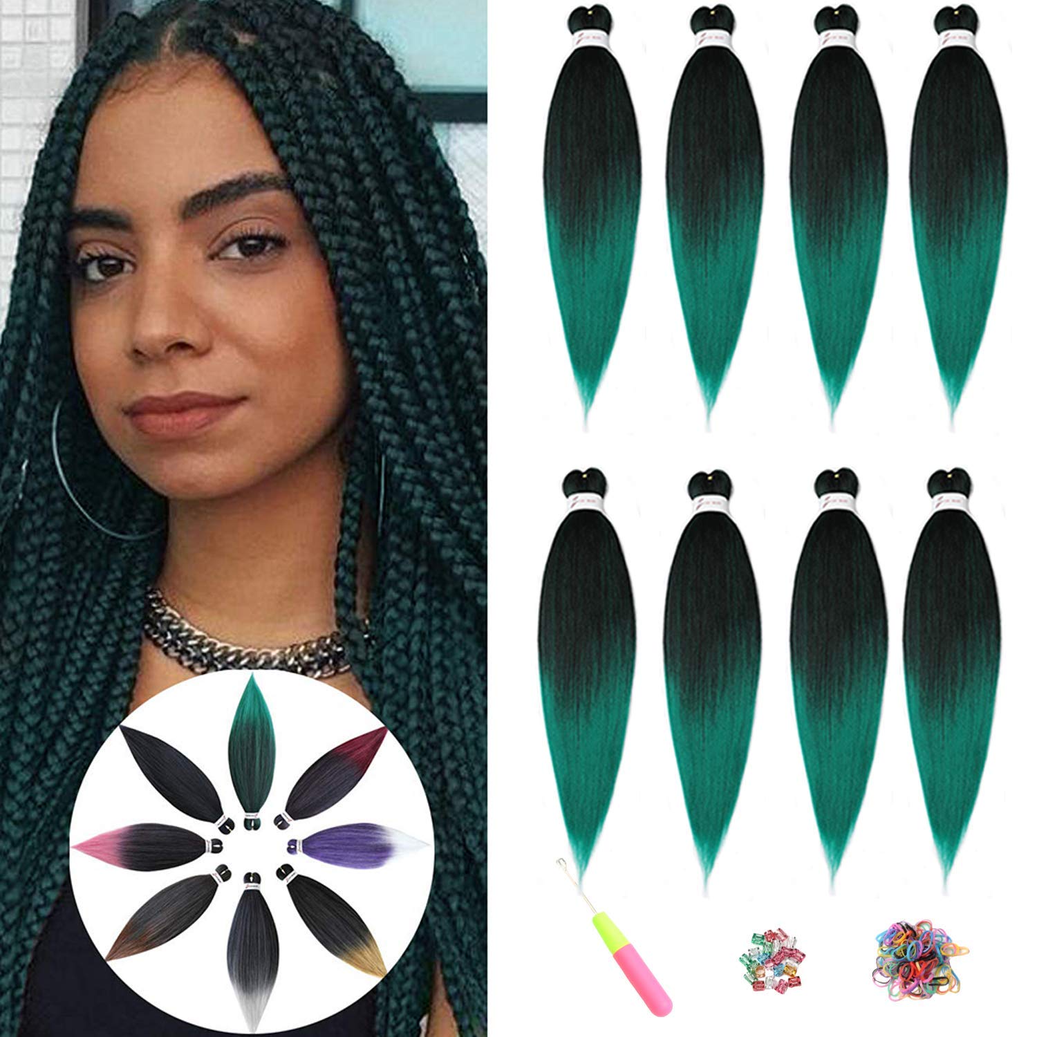 Pre-Stretched Braiding Hair ShowJarlly Soft Free Synthetic Fiber Hair Corchet Braids 8Packs/Lot Knotless Braiding Hair Extensions Hot Water Setting Crochet Braids Hair (20inch,T1B/Green#) — image 1