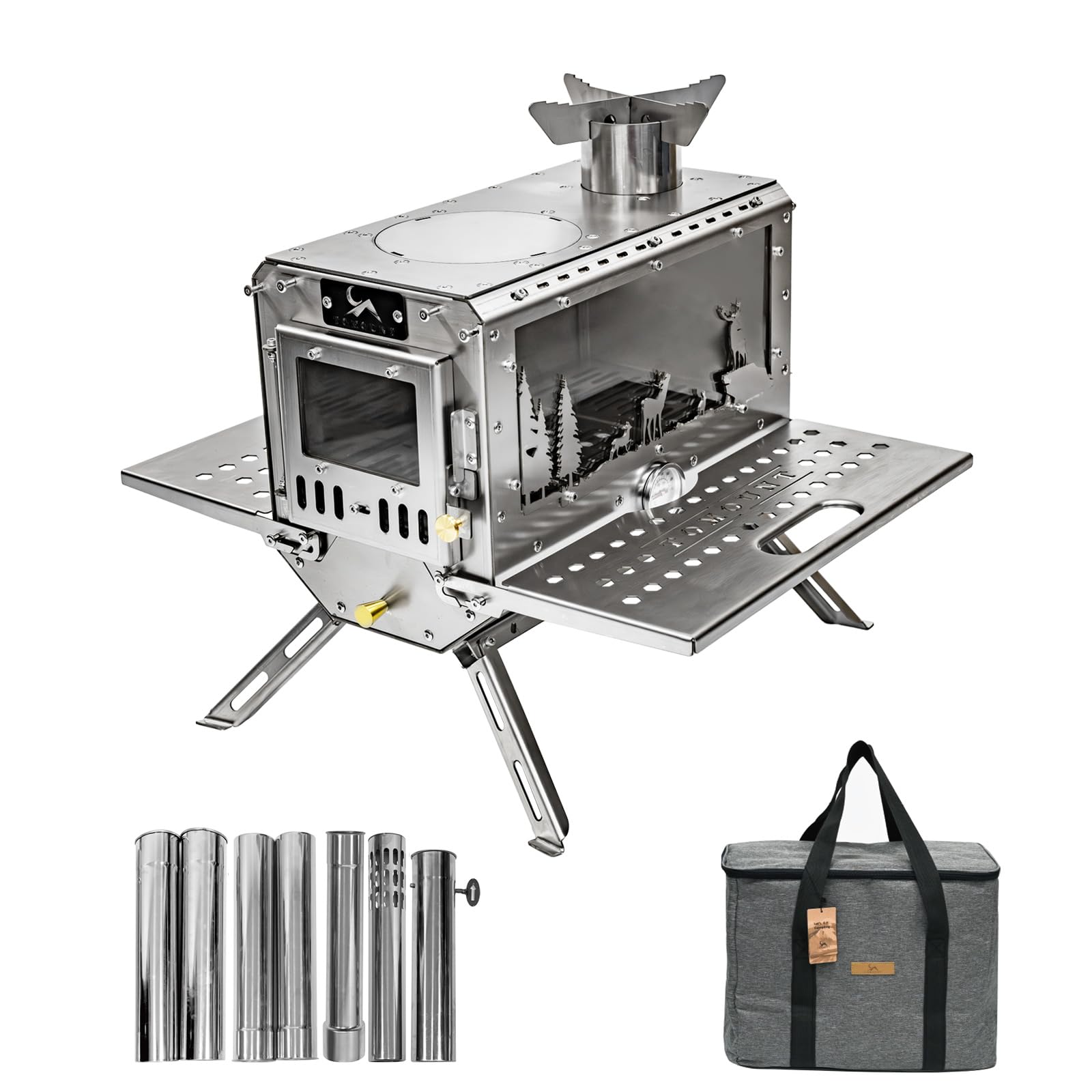Photo 1 of ** USED** TOMOUNT Hot Tent Stove,Wood Stove with 7 Chimney Pipes,304 Stainless Camping Tent Stove with Spark Damper, Wood Burning Stove for Cooking and Heating?with heat-resistant Glass Window