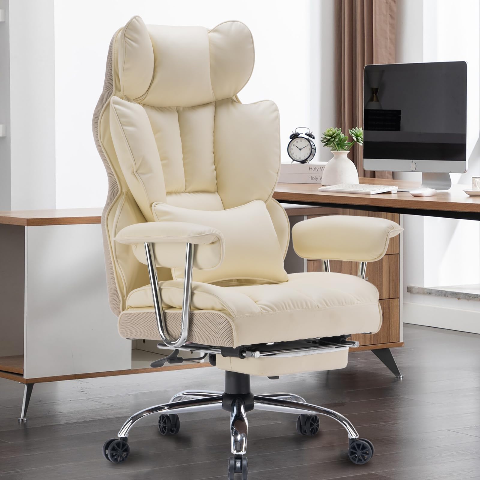 Photo 1 of Efomao Desk Office Chair 400LBS, Big and Tall Office Chair, PU Leather Computer Chair, Executive Office Chair with Leg Rest and Lumbar Support, Beige Office Chair
