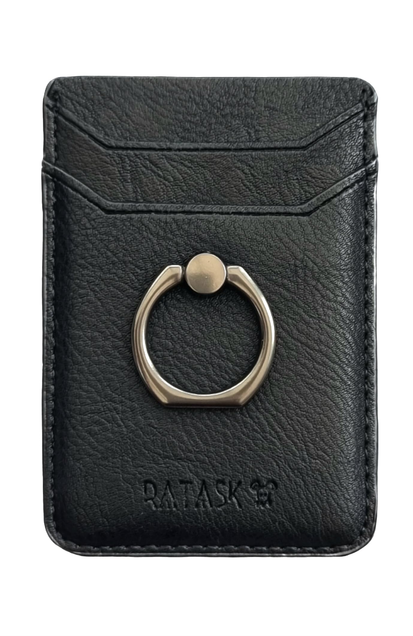 RATASK Mobile Phone Card Holder Stick on with Ring Holder Kick Stand, Mobile Card Holder Wallet (Black Luxury PU Leather)