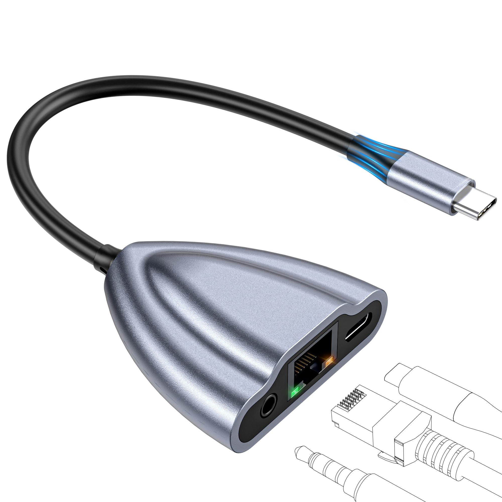 Photo 1 of CIXUN USB C Hub Multiport Adapter, 4 in 1 USB C Spliter to 3.5mm Audio, 1Gbps RJ45 Ethernet and Type C Adapter Supporting 60W PD Charging & 480Mbps Transfer, Dongle for Laptop/Mac/Phone/Switch(Gray)