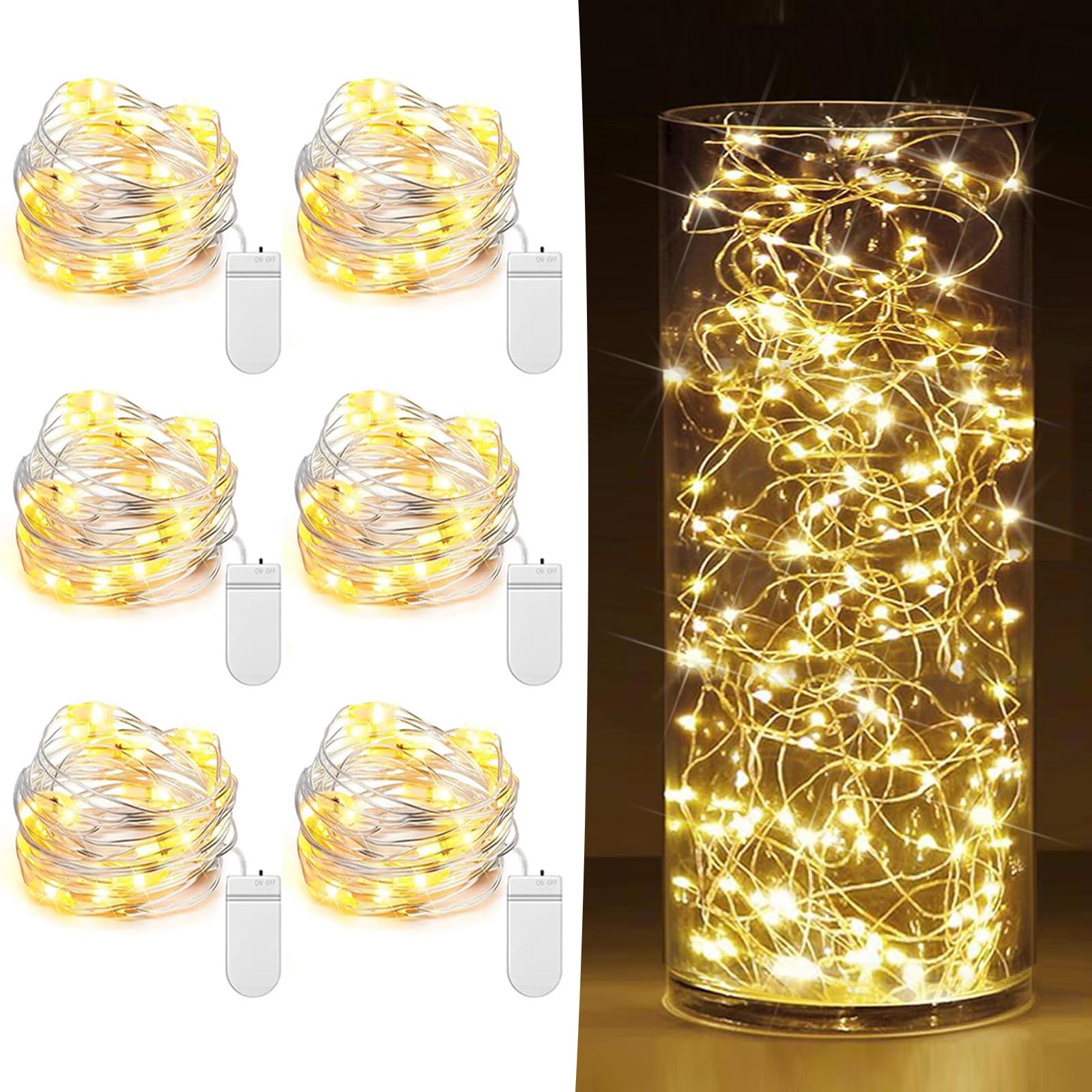 Photo 1 of 6 Pack Fairy Lights Battery Operated 7ft 20 LED Mini String Lights Twinkle Lights Silver Wire Firefly Starry Moon Lights for Mason Jars Wedding Party Christmas Centerpiece Table Decorations,Warm White