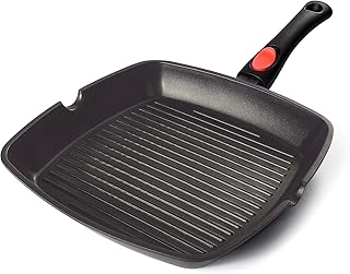AIGLEFEU 28x28 cm Grillpfanne Induktion mit Ausguss und Abnehmbarem Griff, PFOA-freie Antihaft Beschichtung, Verzugsfreier Boden, Aluminiumguss Steakpfanne