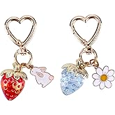 lasuroa 2pcs Strawberry Keychain, Cute Bag Charms Kawaii Daisy Flower Bunny Fruit Heart Key Chain Purse Charm Decorative Accessories for Girls Women Gift Handbags Decor