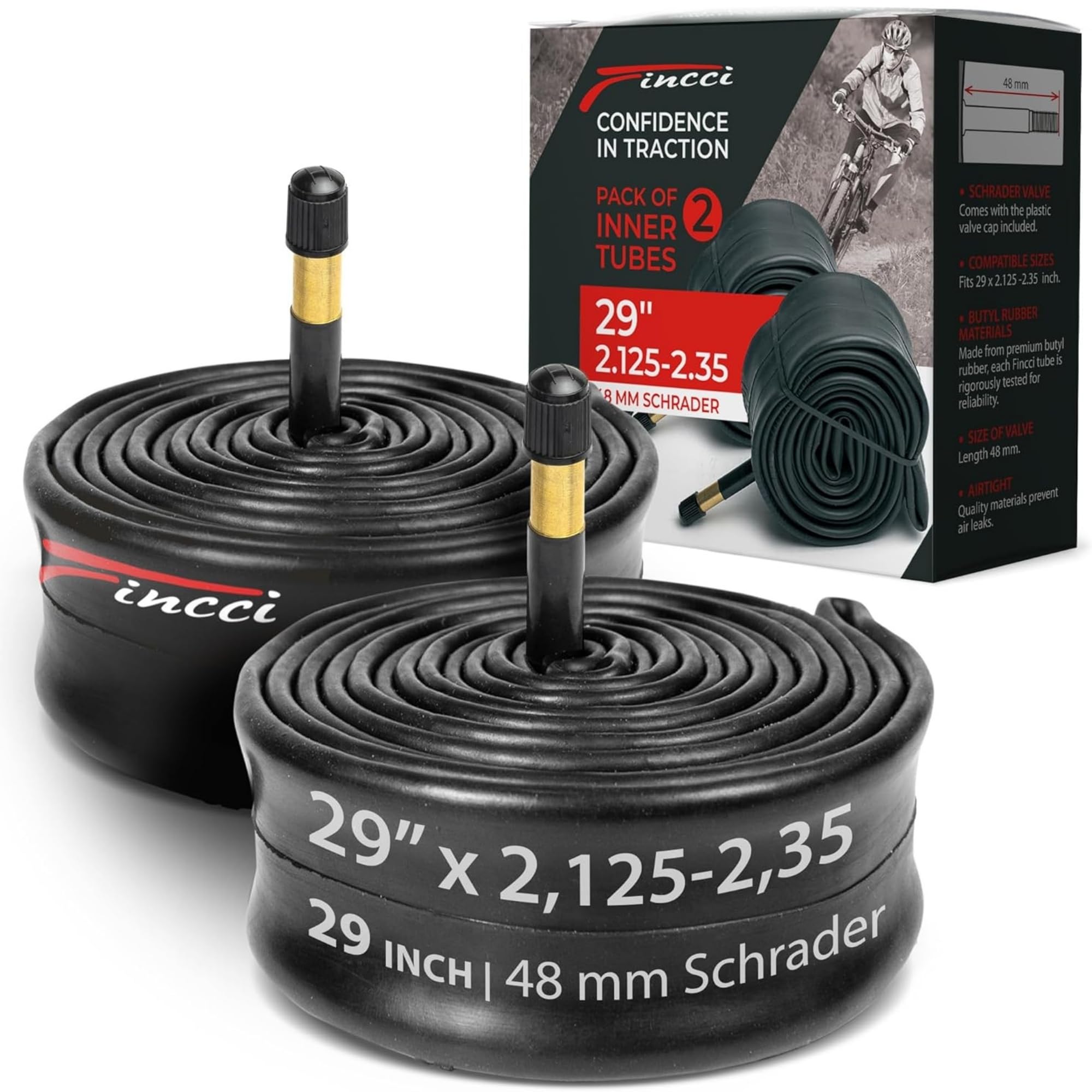 Fincci 29 Inch Inner Tube Mountain Bike - Pair Bike inner Tubes 29 x 2.10 x 2.2 x 2.3 x 2.35 with 48 mm Schrader Valve - For MTB, Road, Hybrid & Electric Bicycles - Pack of 2 accessories