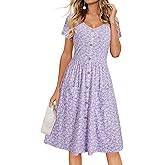VOTEPRETTY Women's Short Sleeve V Neck Sundress Summer Casual Button Floral Dress with Pockets