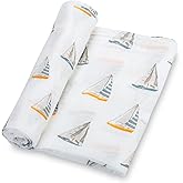 LollyBanks Muslin Swaddle Blankets, 100% Cotton Baby Swaddle Blanket for Boys and Girls, Large 47 x 47 Inches Infant Swaddle, Soft and Breathable Baby Receiving Blankets, Registry (Sailboat Print)