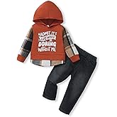 NZRVAWS Toddler Baby Boy Clothes Letter Printed Plaid Hoodie Shirt Denim Ripped Jean Pants Infant Fall Winter Outfits 6M-8T