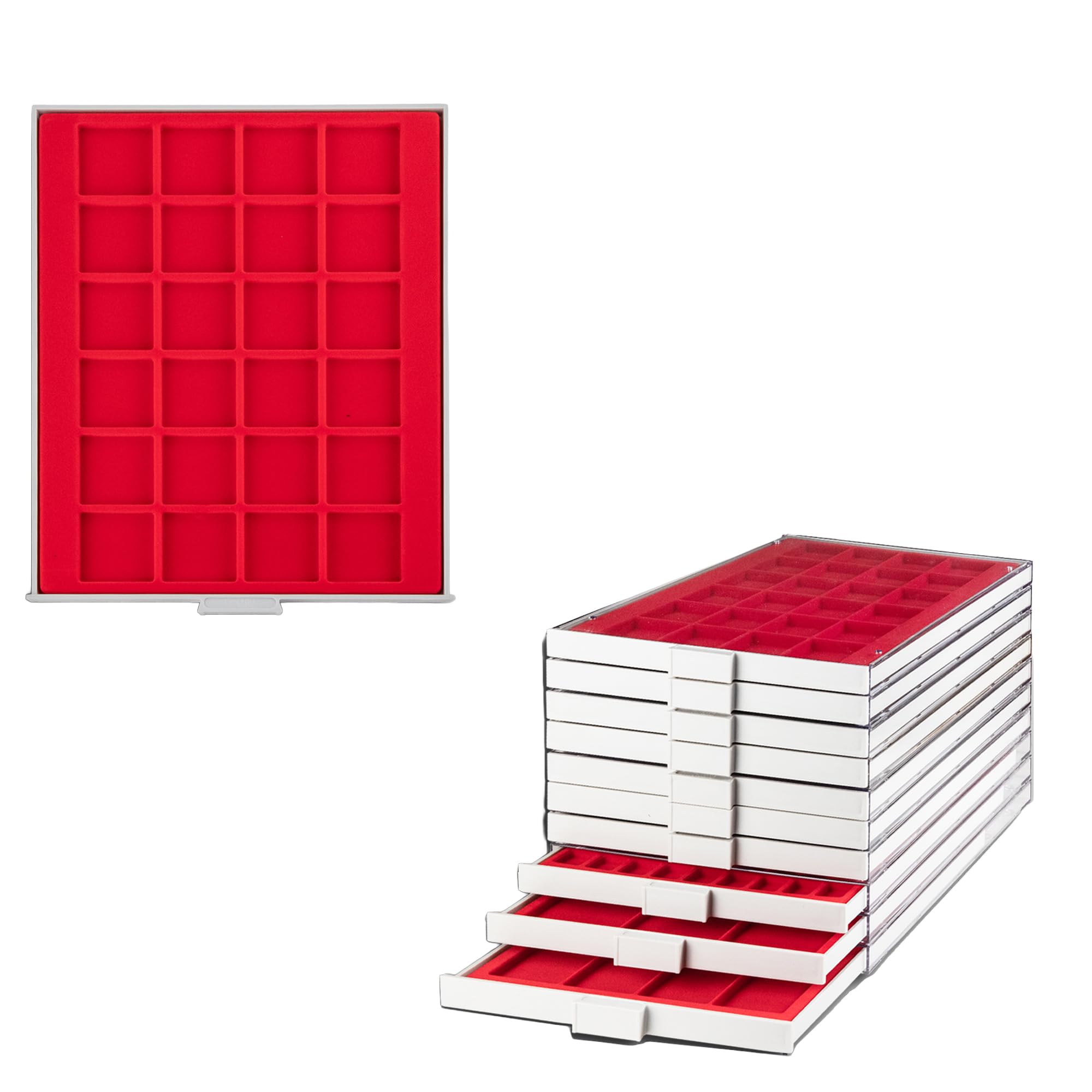 Prophila coin box gray 35 angular compartments for coins up to 36 mm (5 Rubel, 10 DM, 10 €uro), red insert