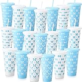 LemonRoad 20 Pcs 24 oz Plastic Cups with Lids and Straws Reusable Coquette Bow Tumblers Aesthetic Drinking Coffee Cups for Wedding Bridal Shower Christmas Holiday Party Supplies (Blue,White)