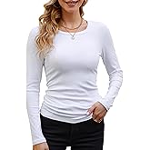 GEMBERA Womens Ribbed Long Sleeve Crewneck Casual Slim Basic Shirts Fitted Knit Tops