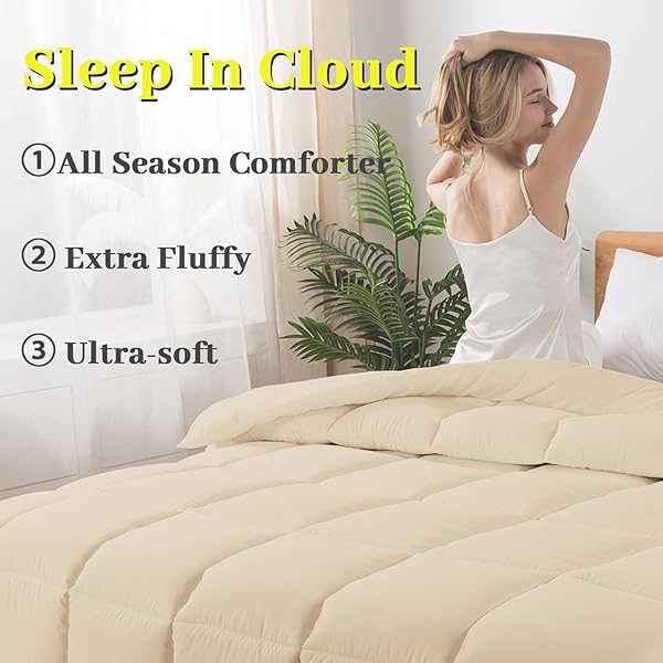 BEDTREAT DOWN ALTERNATIVE COMFORTER FULL DUVET INSERT WITH CORNER TABS, ALL SEASON QUILTED BED COMFORTER BOX-STITCHED FULL COMFORTER BEIGE，MACHINE WASHABLE MICROFIBER BEDDING