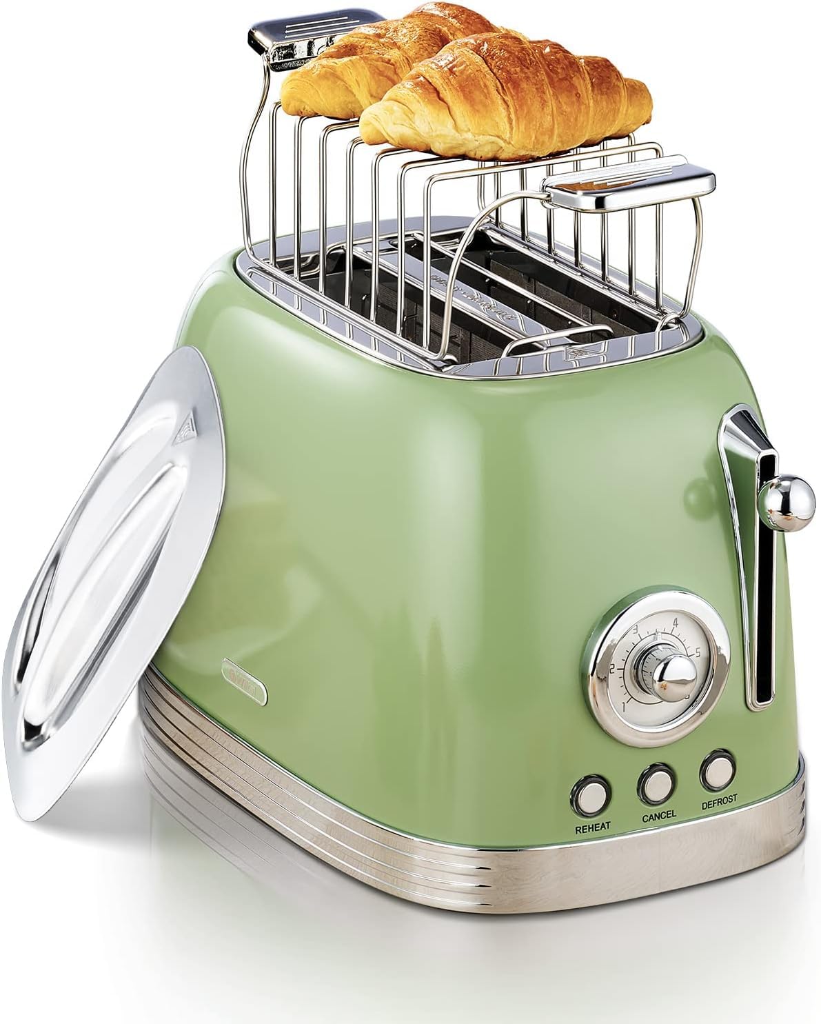 Photo 1 of Toaster Retro 2 Slice, Vintage Toaster, Green Toaster, With Stainless Steel Lid, With Bread Attachment, Preheat, Defrost And Cancel Functions, 6 Browning Levels (Green)