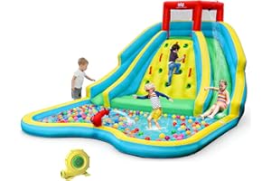 BOUNTECH Inflatable Water Slide Park, Double Slide Water Park Bounce House for Outdoor, Climbing Wall, Bouncy Castle with Blo
