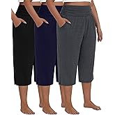 Neer 3 Pack Women's Plus Size Cotton Capri Pants High Waisted Wide Leg Loose Lounge Yoga Cropped Sweatpants with Pockets